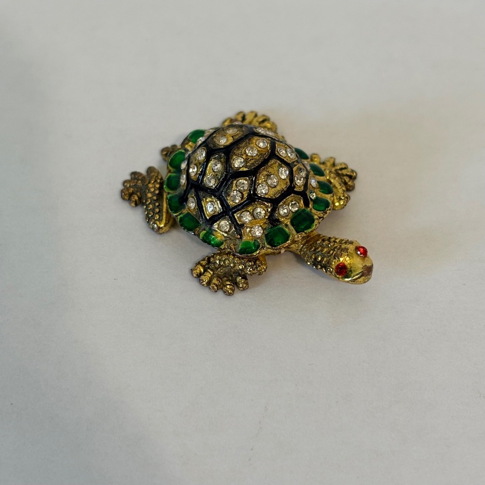 Jeweled Enamel Turtle Trinket‎ Box Hinged Magnetic Rhinestone Gold Tone 2in VTG
